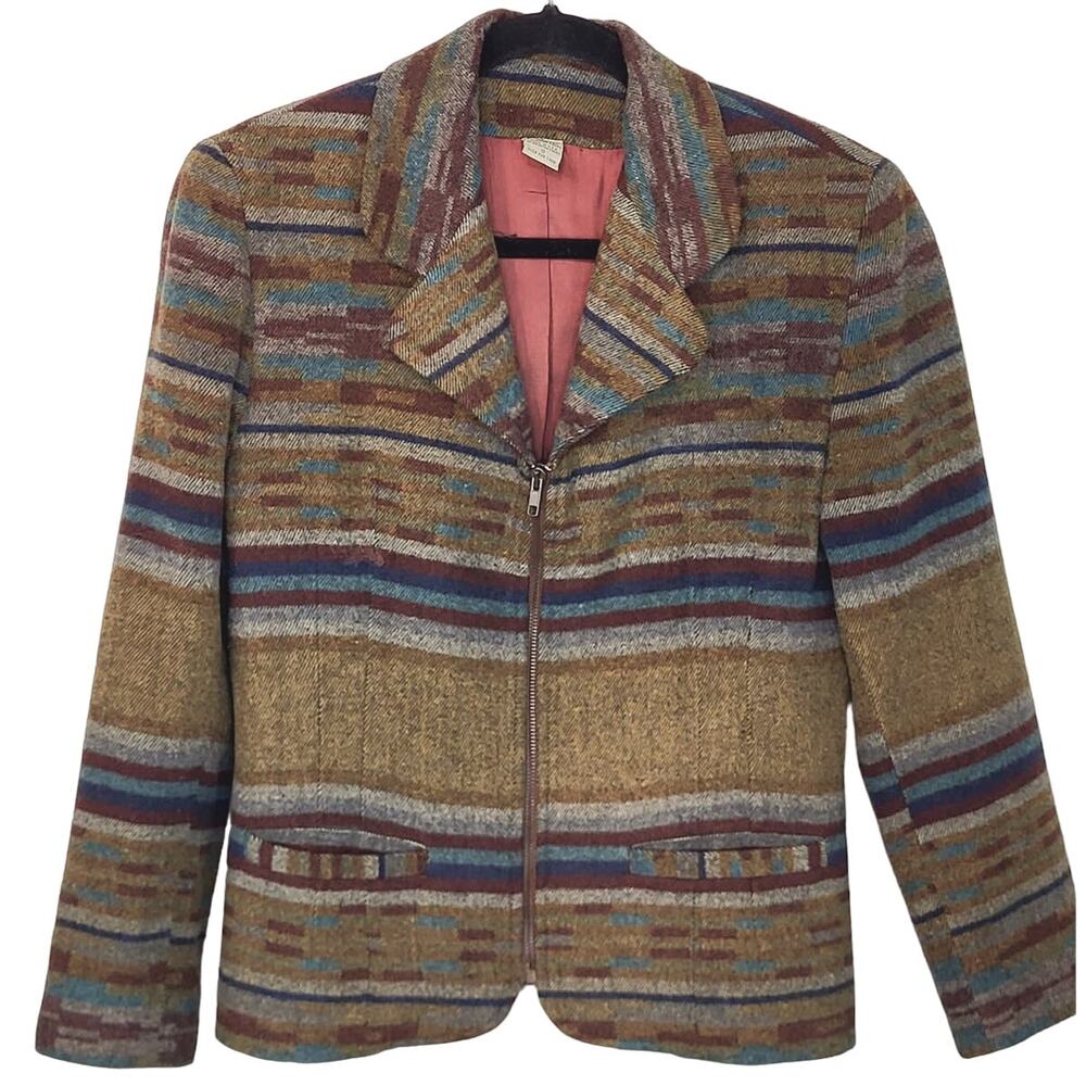 Vintage Braeton Wool Blend Southwestern Striped Zip Up Blazer MADE IN USA Small